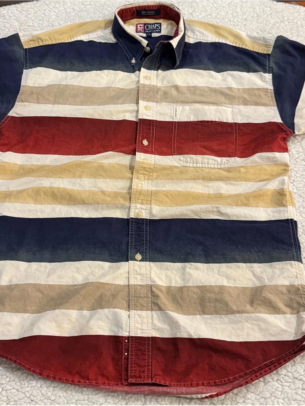 Vintage Chaps by Ralph Lauren Striped Button-Down Shirt in Navy, Red & Tan